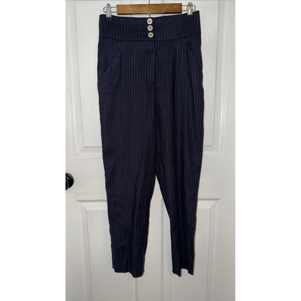 Veronica Beard Rapley Pinstripe Pants Navy Linen Blend Size 4‎